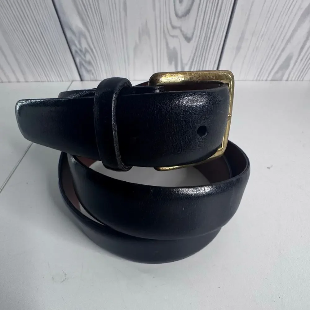 Vintage Lands’ End Leather Belt Made in USA Black Solid Brass  Buckle Size 36